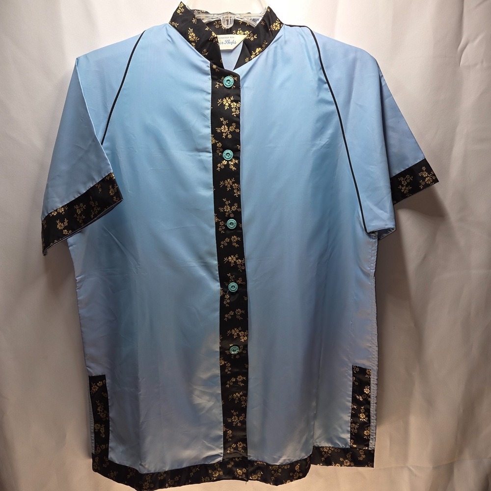 VTG Women's Asian Short Sleeve Pajama Top Blue Button Down Lerner Shop Large
